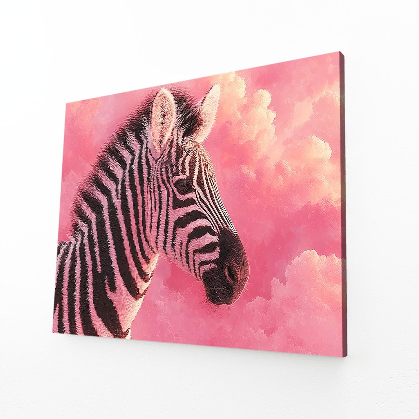 Timeless Zebra Artwork – angled canvas view on white background