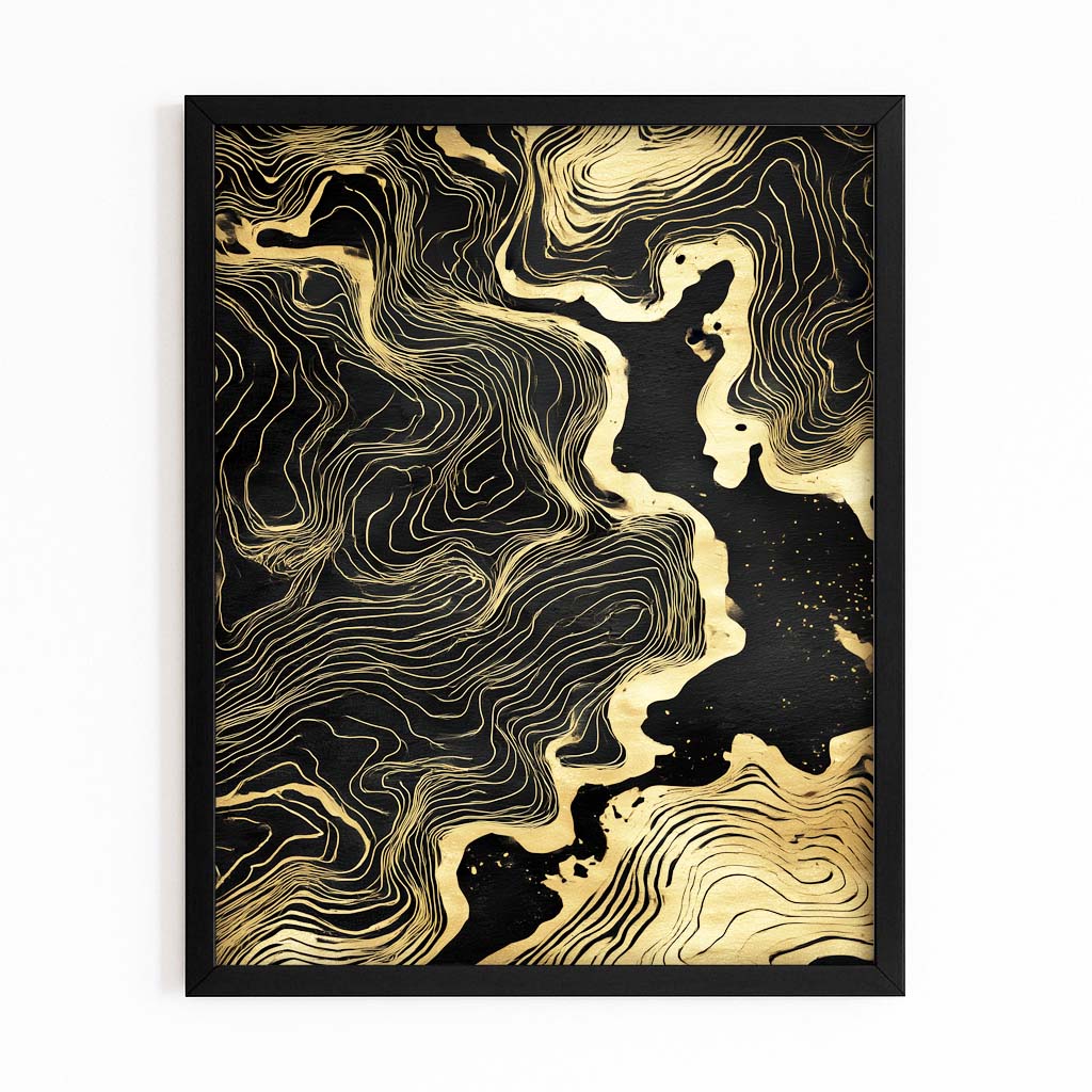 Topographic Gold Flow Canvas Art – with Premium Black frame on white background