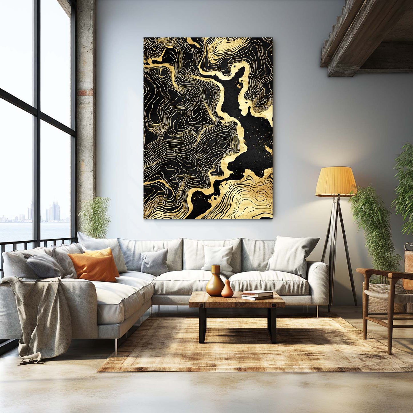 Topographic Gold Flow Canvas Art – styled in a furnished interior