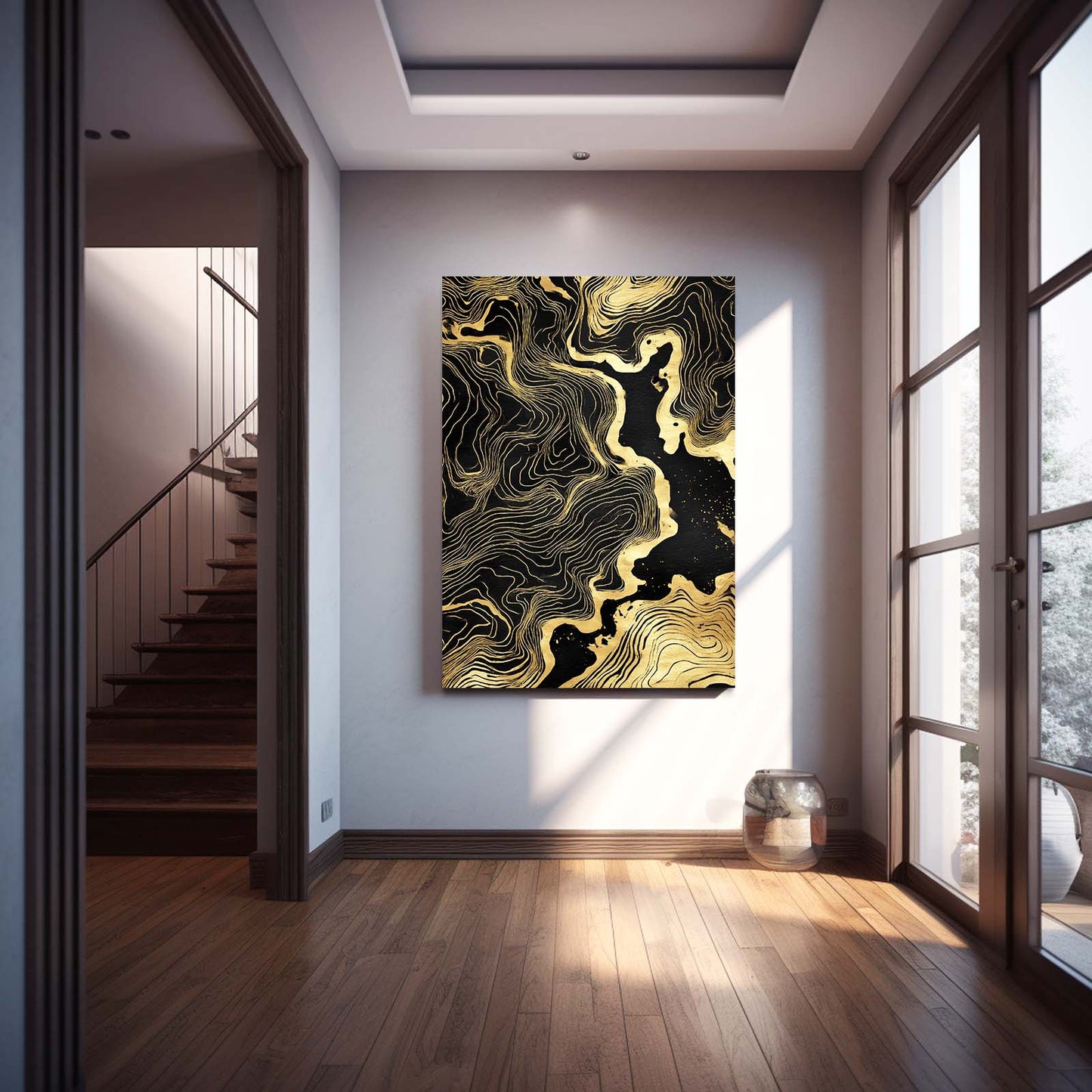 Topographic Gold Flow Canvas Art – styled in a furnished interior