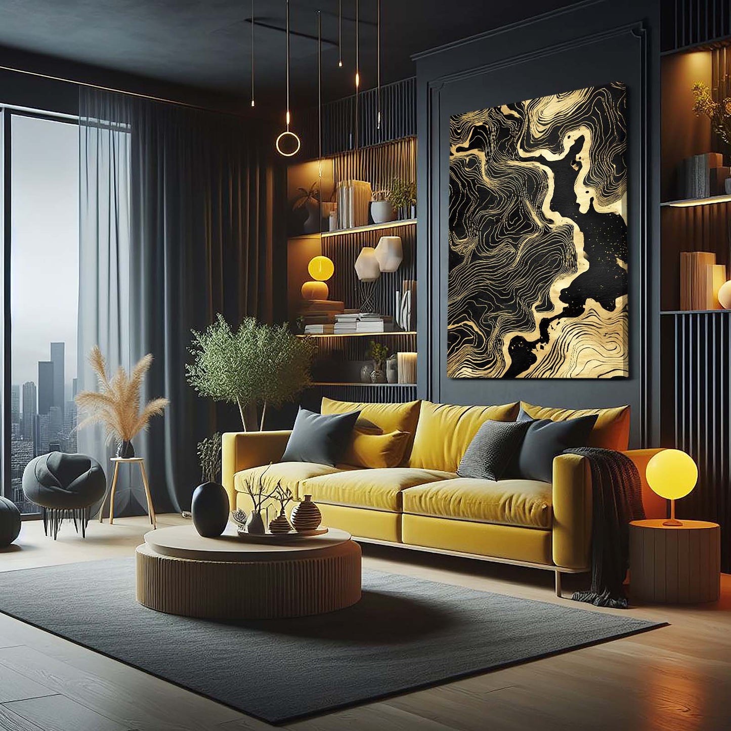 Topographic Gold Flow Canvas Art – styled in a furnished interior