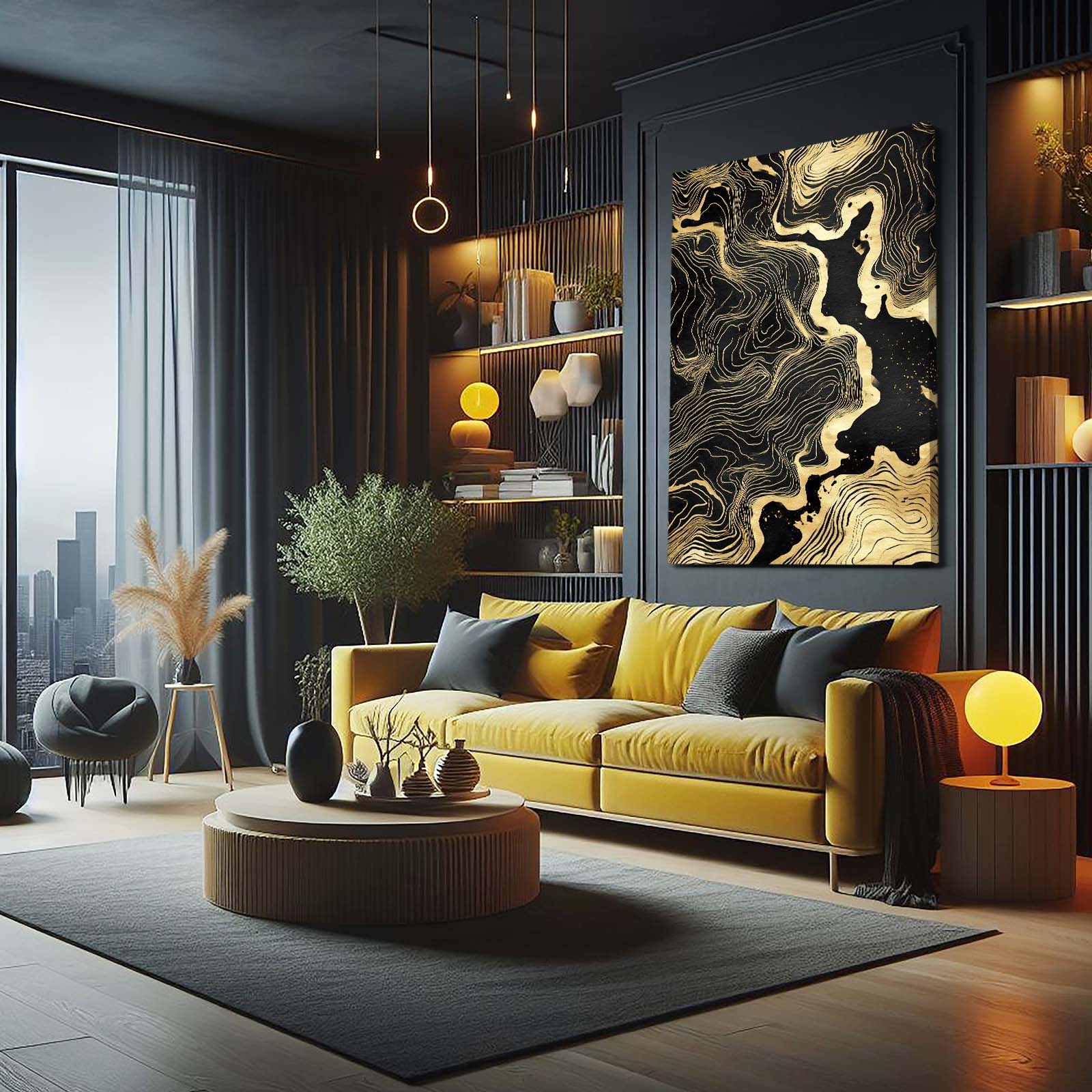 Topographic Gold Flow Canvas Art – styled in a furnished interior