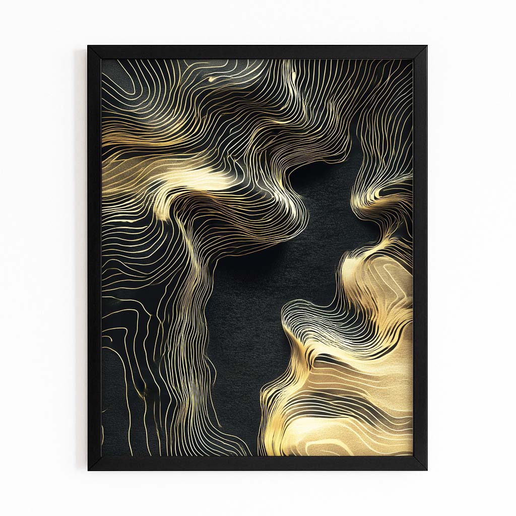 Topographic Gold Waves Canvas Art – with Premium Black frame on white background