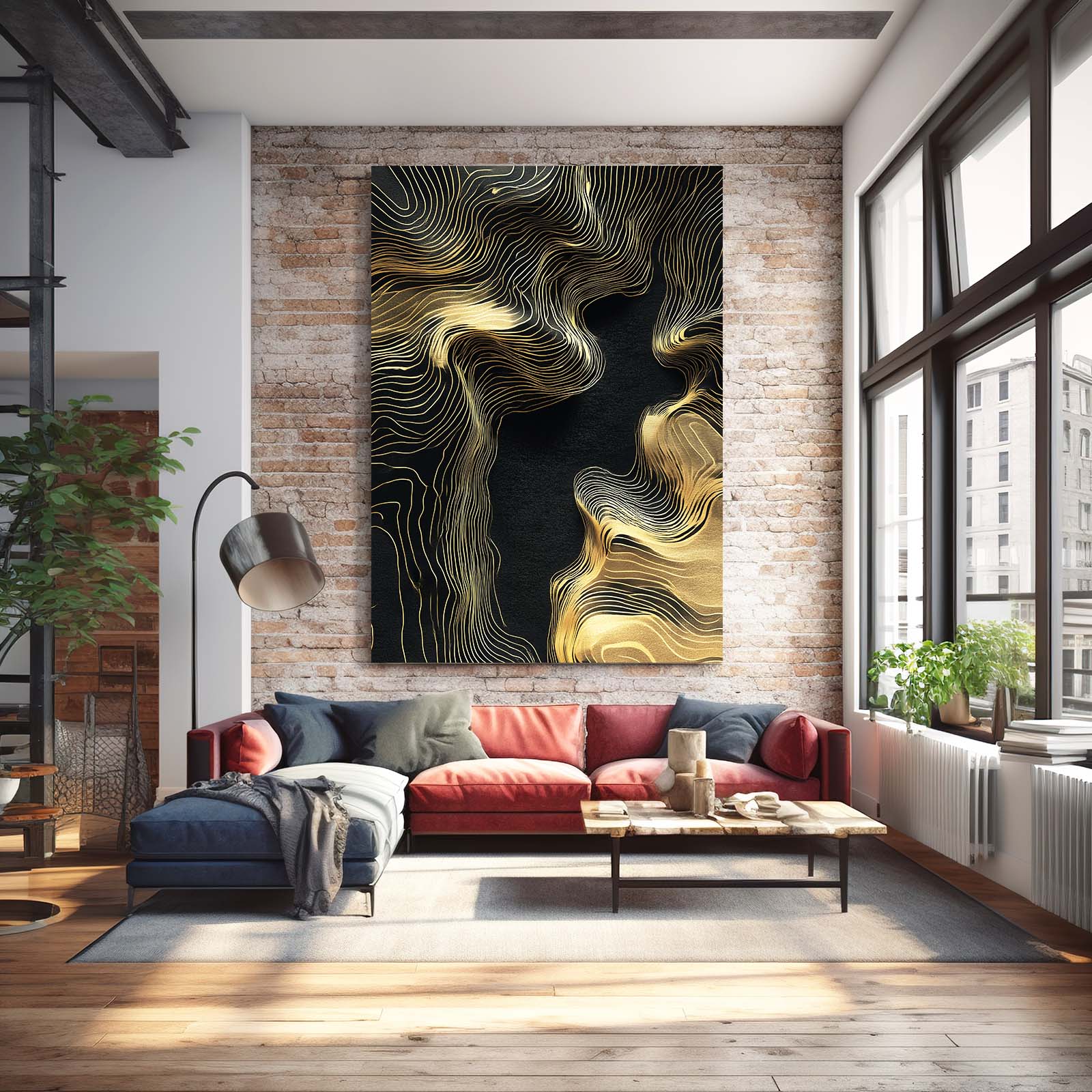 Topographic Gold Waves Canvas Art – styled in a furnished interior