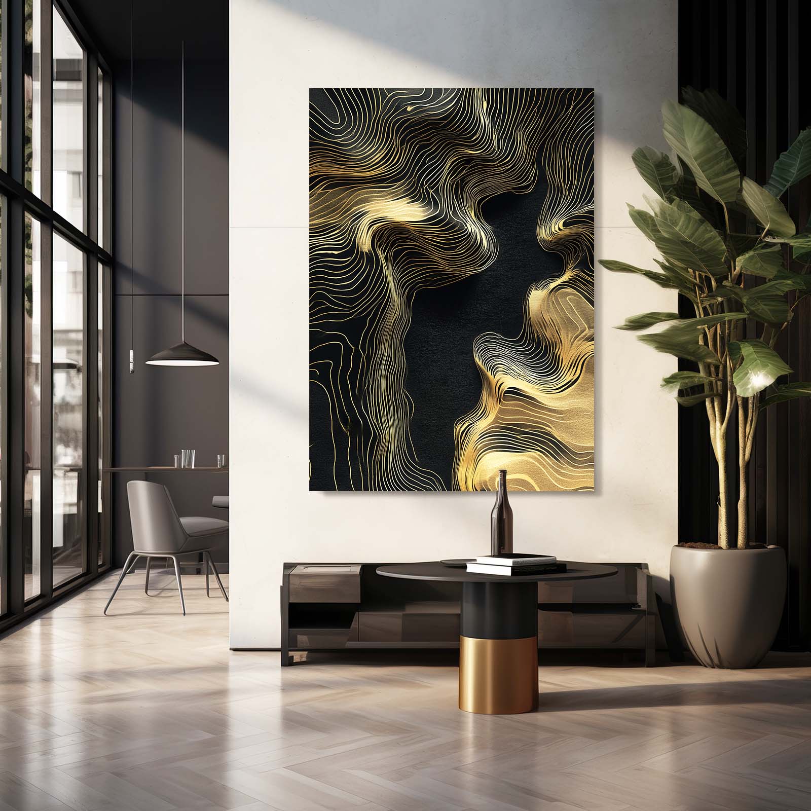 Topographic Gold Waves Canvas Art – styled in a furnished interior