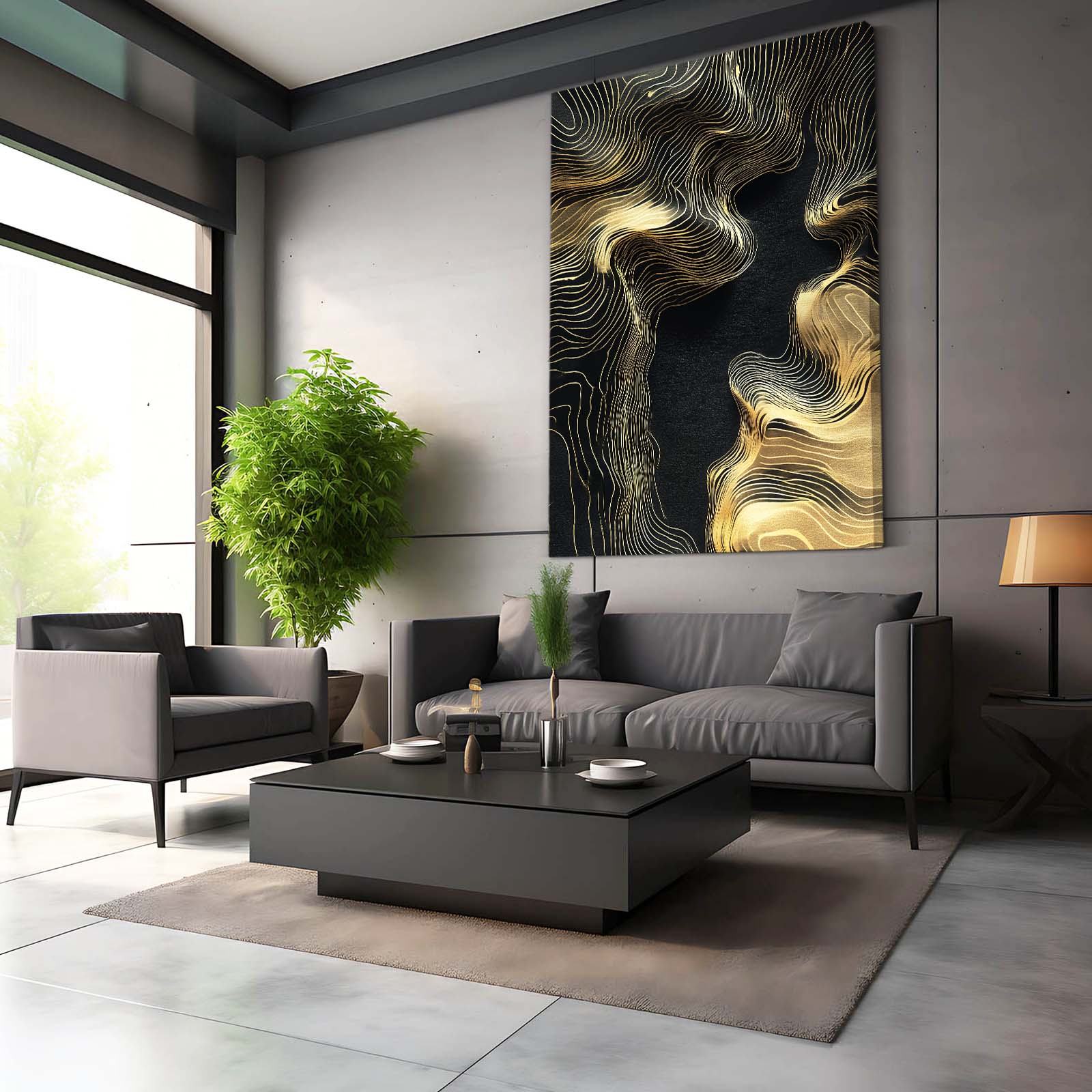 Topographic Gold Waves Canvas Art – styled in a furnished interior