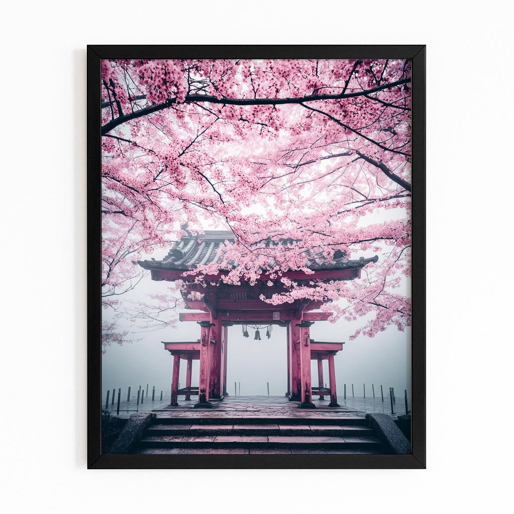 Torii Steps Canopy Cherry Blossom Canvas – with Premium Black frame on white background