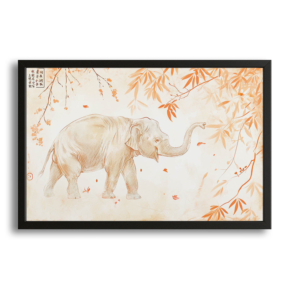 Traditional Asian Elephant Art — classic canvas print in white tones, with Premium Black frame on white background