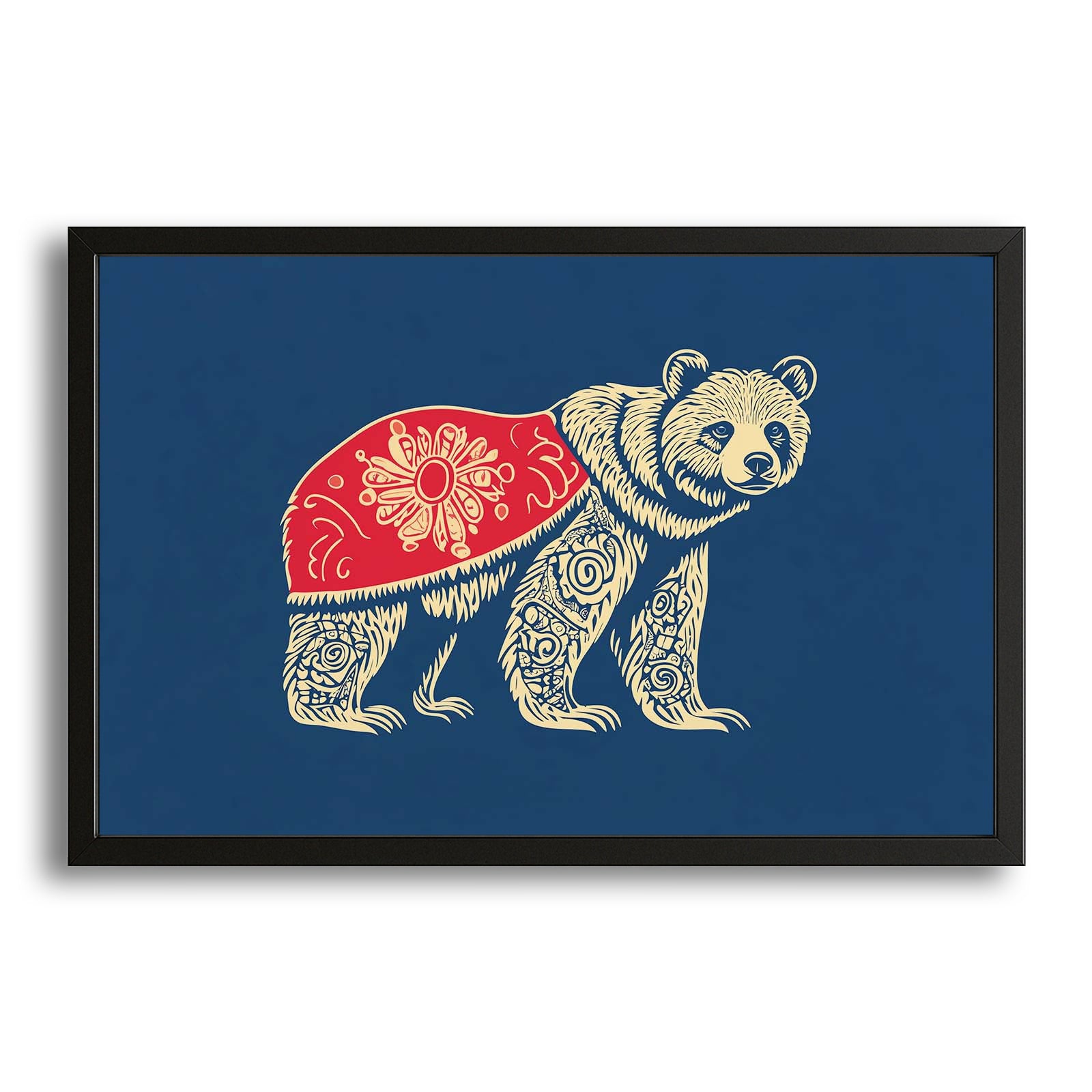 Tribal Bear Art — contemporary canvas print in blue tones, with Premium Black frame on white background