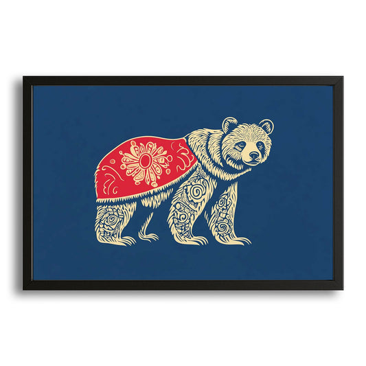 Tribal Bear Art — contemporary canvas print in blue tones, with Premium Black frame on white background