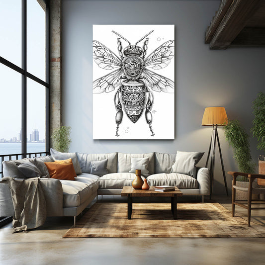 Tribal Bee Art — line canvas print in white tones, view 3