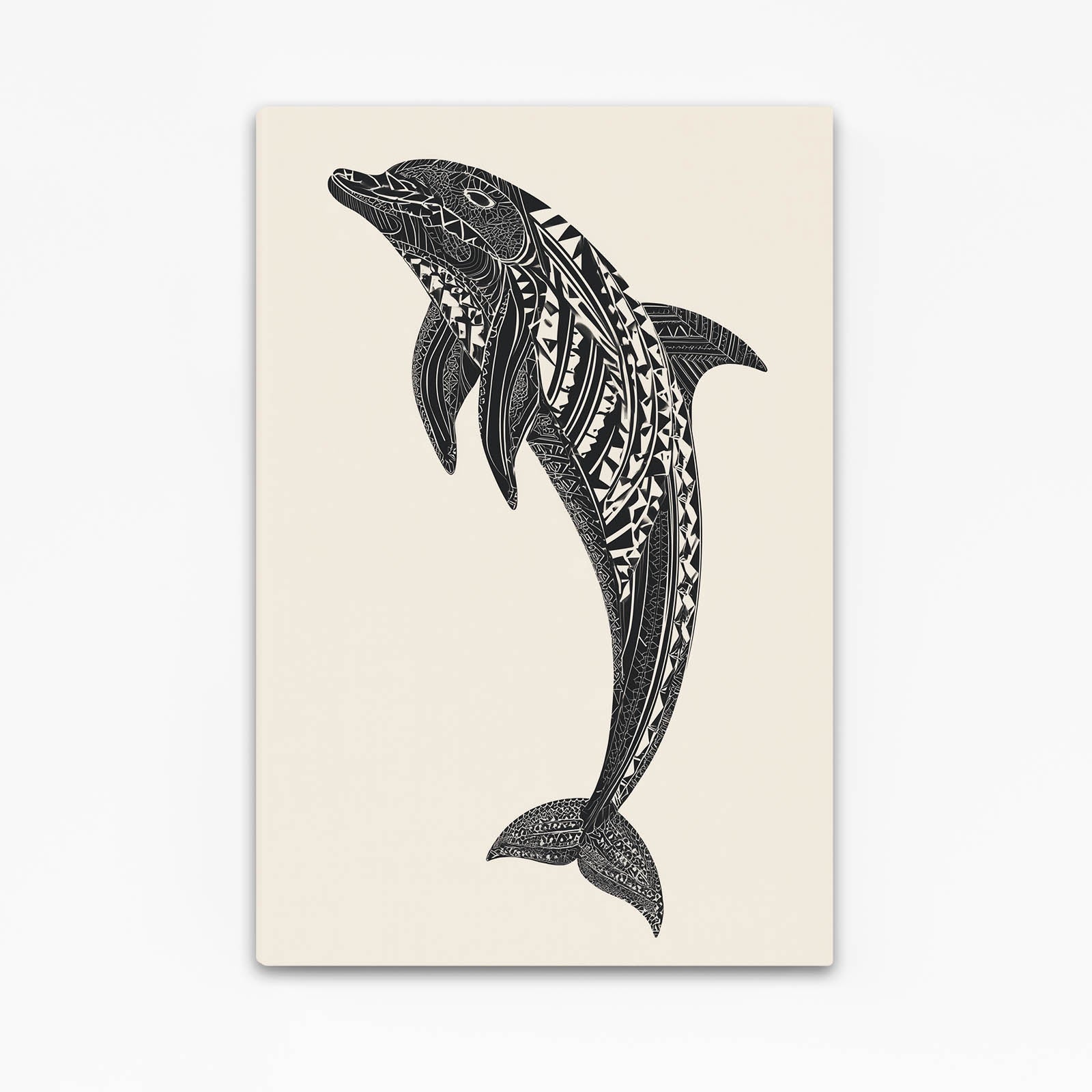 Tribal Pattern Dolphin Print – dolphin built from bold black tribal swirl patterns on a cream background