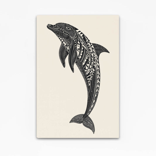 Tribal Pattern Dolphin Print – dolphin built from bold black tribal swirl patterns on a cream background