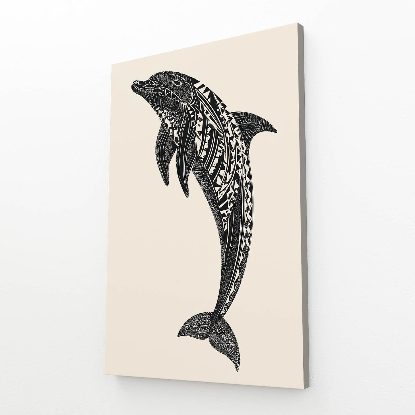 Tribal Pattern Dolphin Print – angled canvas view on white background
