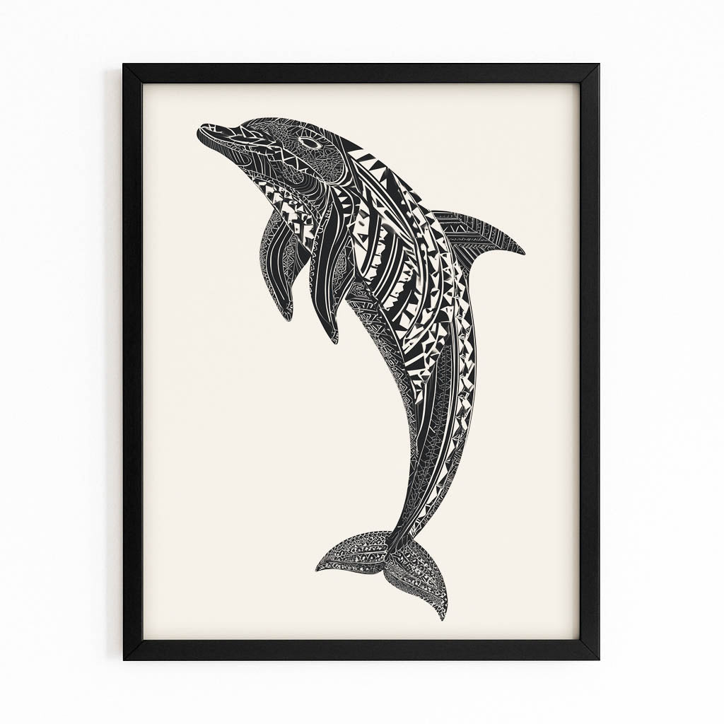 Tribal Pattern Dolphin Print – with Premium Black wood frame on white background