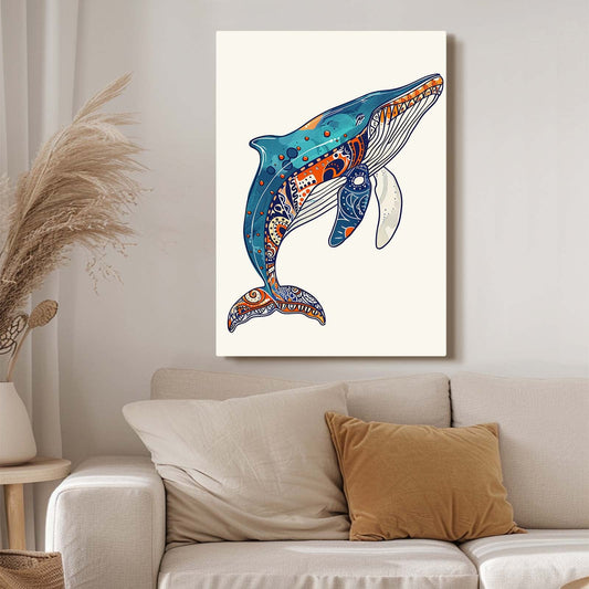 Tribal Whale Art — boho canvas print in white tones, view 3