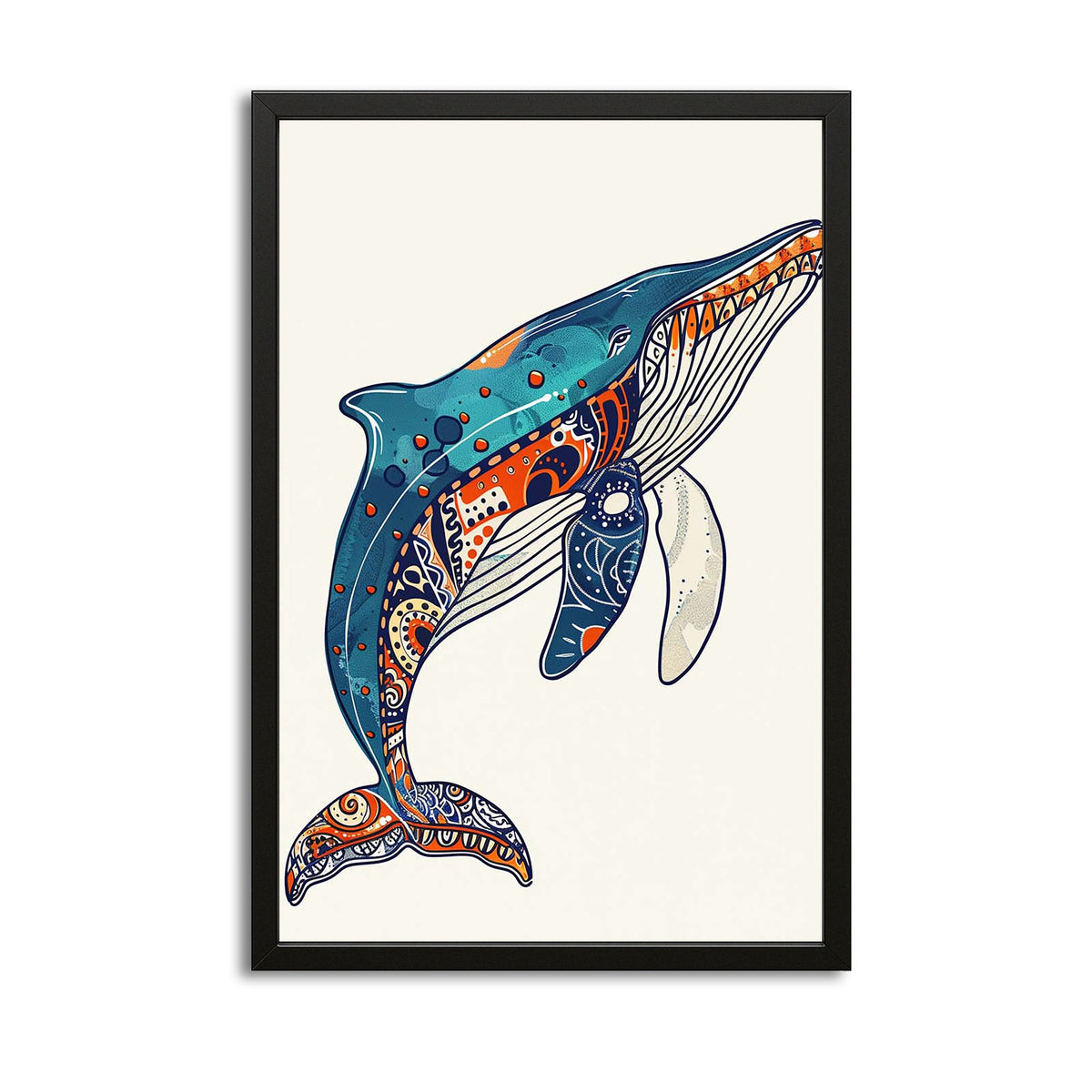 Tribal Whale Art — boho canvas print in white tones, with Premium Black frame on white background