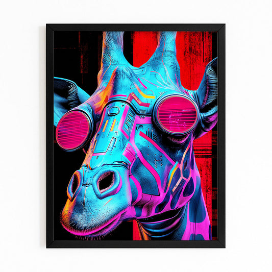 Framed artwork of a colorful, futuristic giraffe with red eyes on a white background