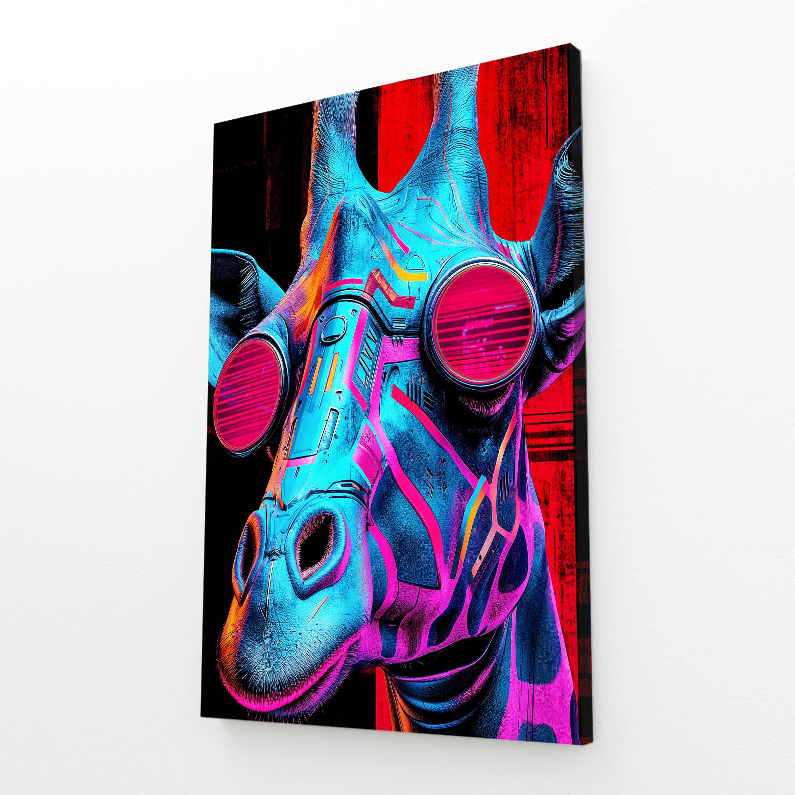 Colorful abstract art print of a zebra's head with goggles on a white background
