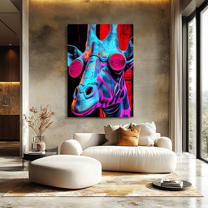 Colorful abstract painting of a rhino on a wall above a modern living room setup.