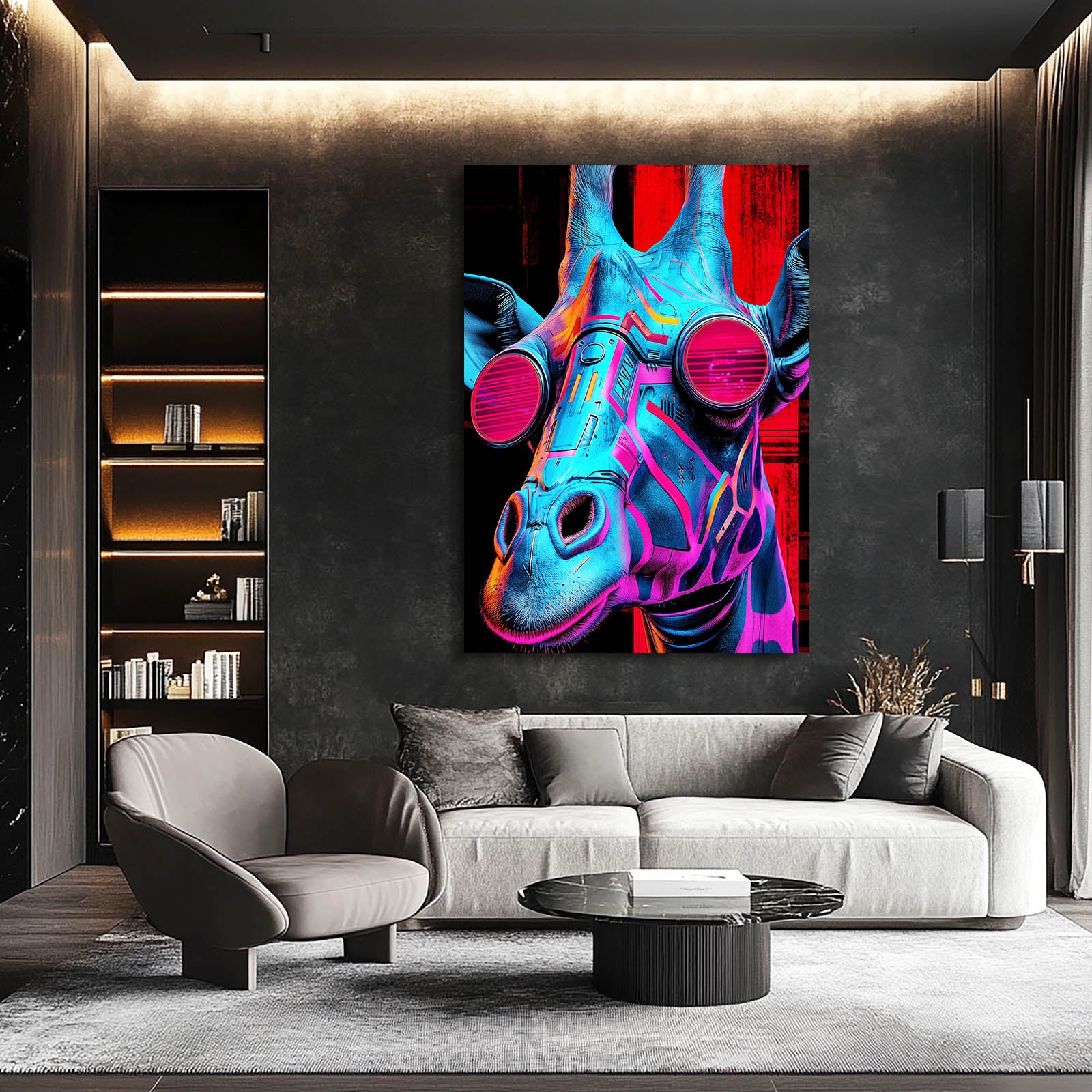 Modern living room with a colorful abstract painting on the wall