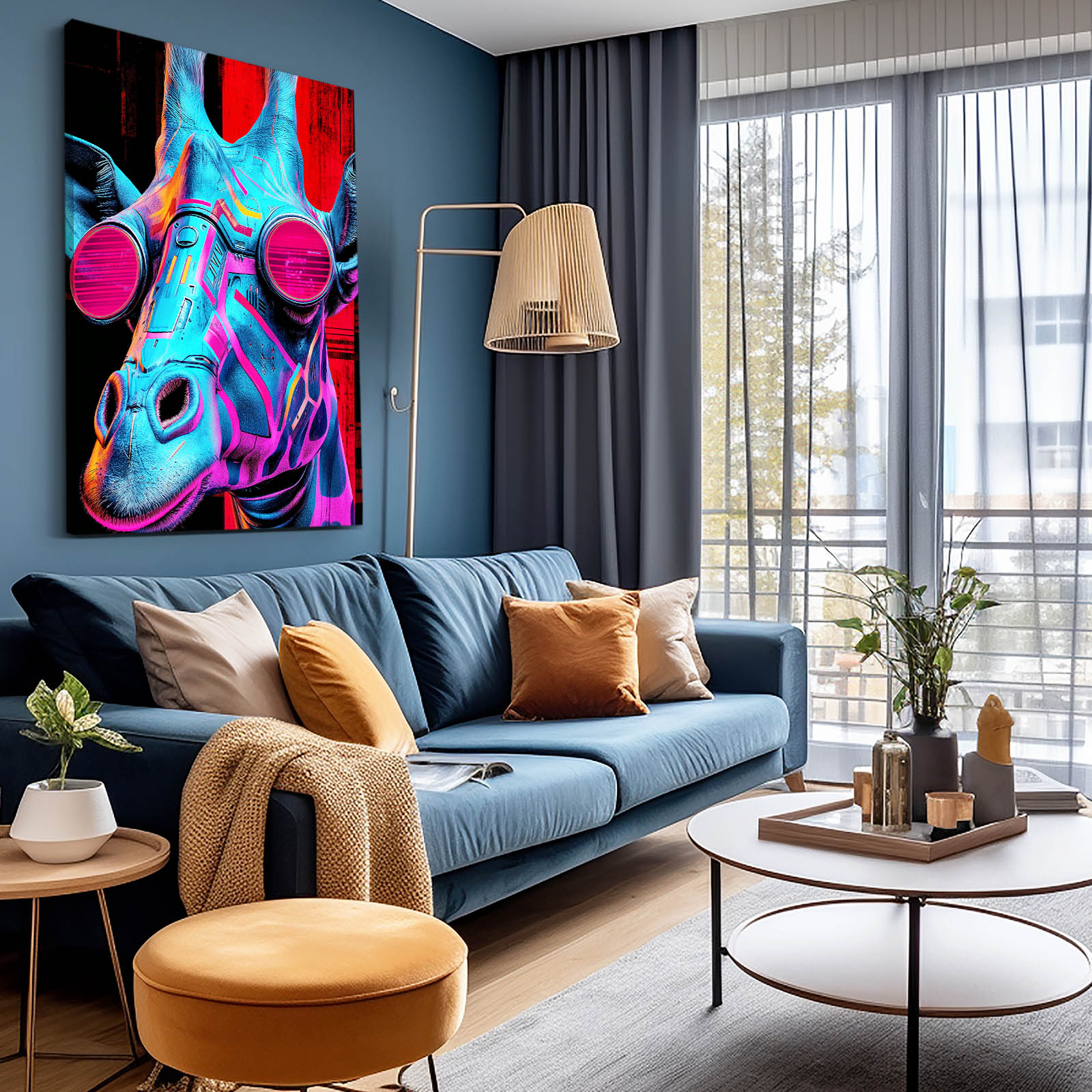 Modern living room with a blue sofa, colorful wall art, and large windows.