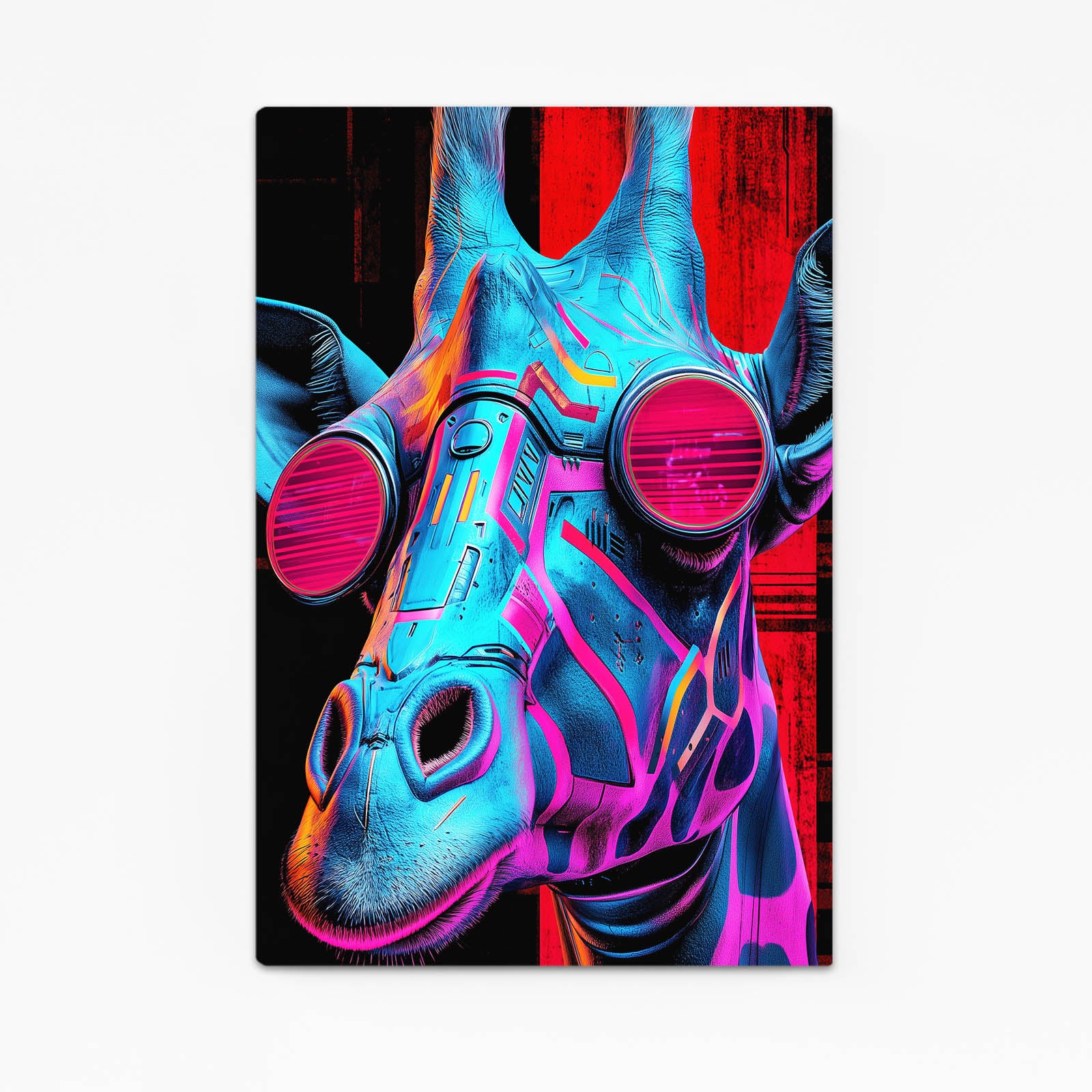 Colorful abstract art of a giraffe with a red and black background