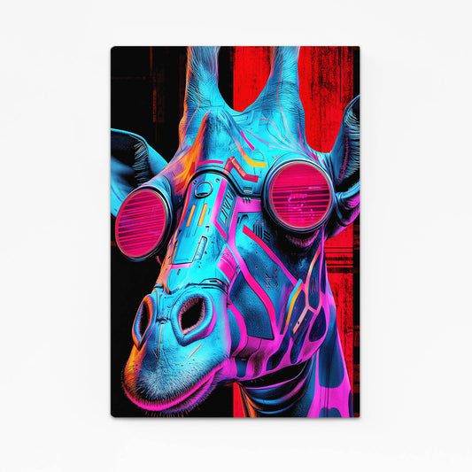Colorful abstract art of a giraffe with a red and black background