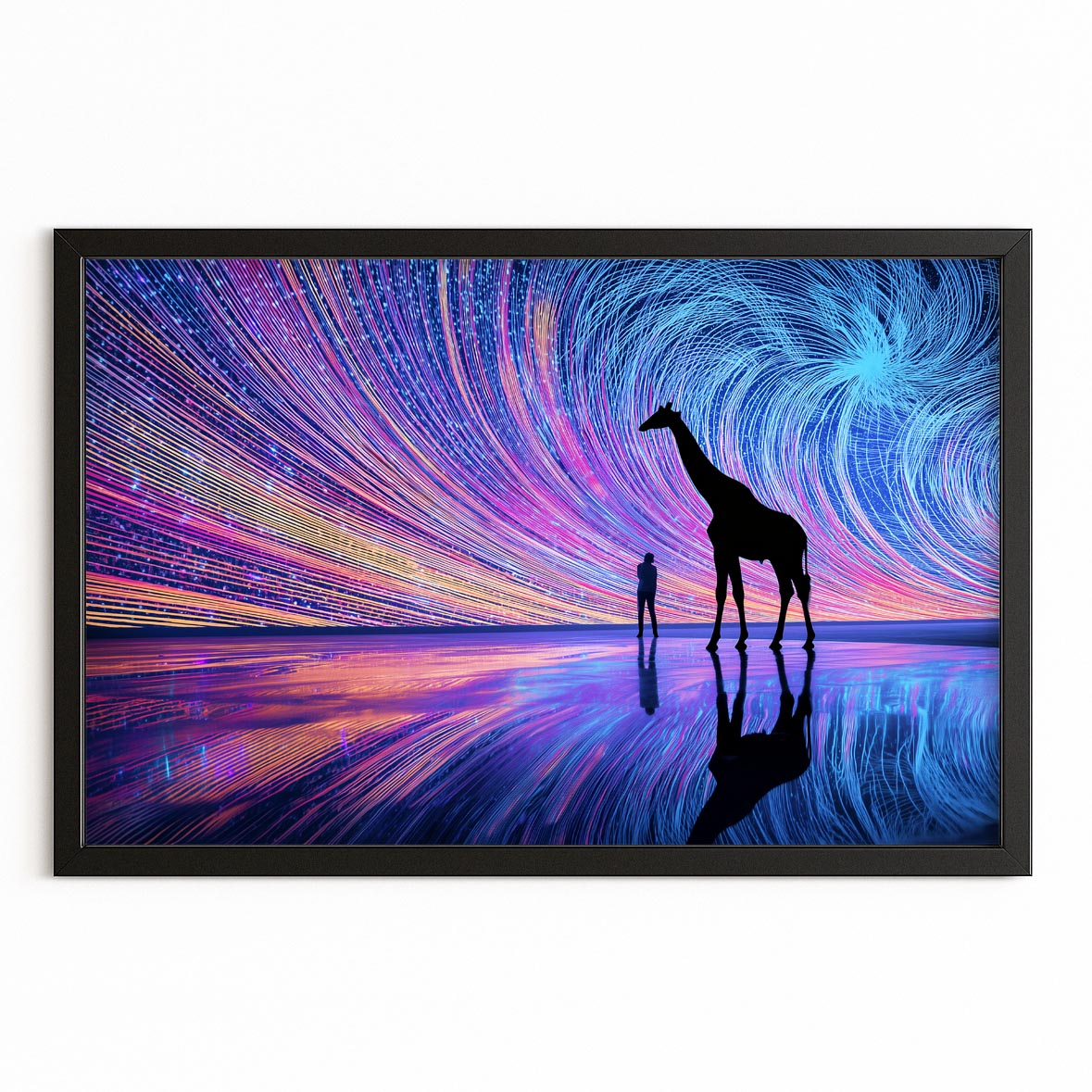 Framed artwork of a giraffe and person silhouette against a vibrant, abstract background.