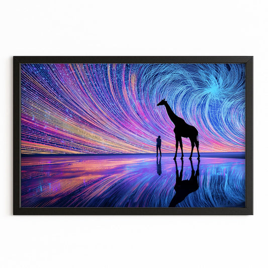 Framed artwork of a giraffe and person silhouette against a vibrant, abstract background.