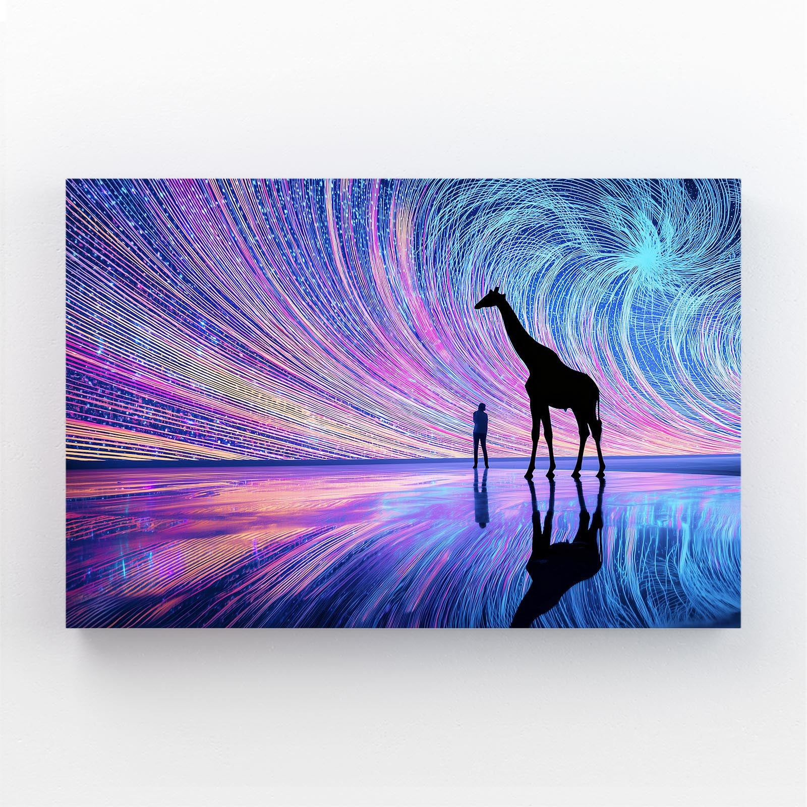 Abstract artwork with a giraffe and person silhouette against a colorful, starry background.