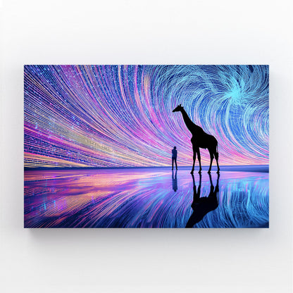Abstract artwork with a giraffe and person silhouette against a colorful, starry background.