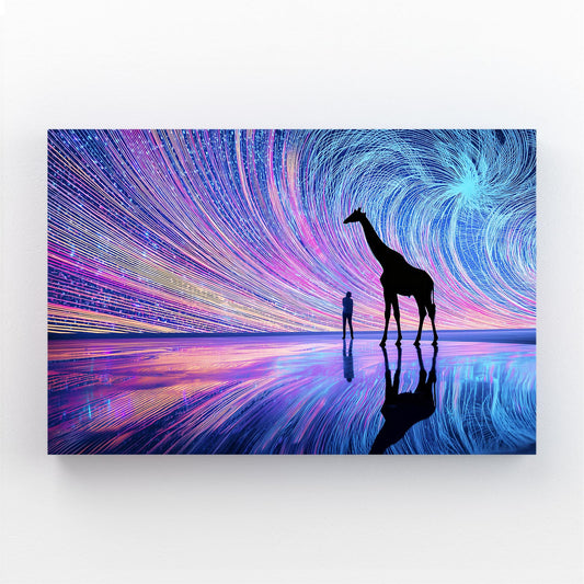 Abstract artwork with a giraffe and person silhouette against a colorful, starry background.