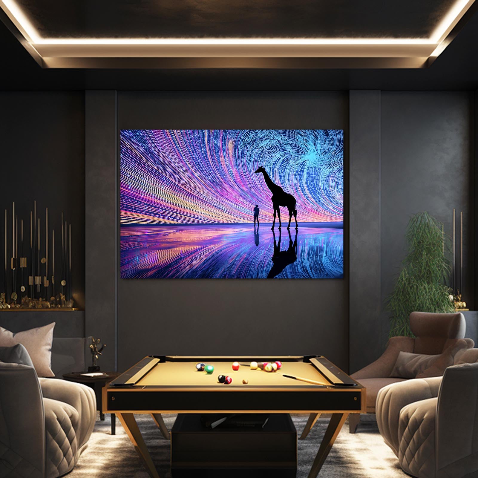 Modern living room with a large TV displaying a colorful abstract scene, a pool table, and comfortable seating.