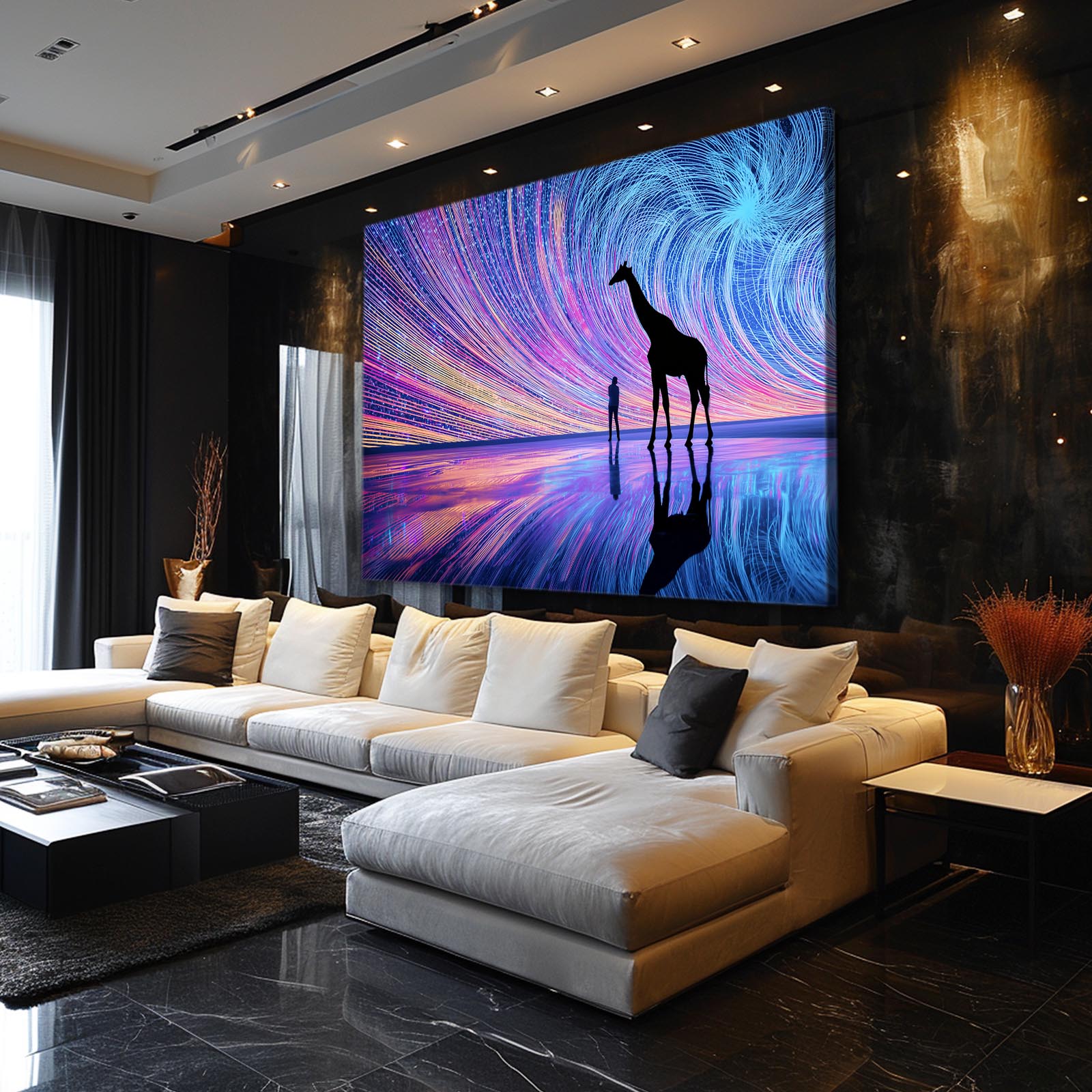 Modern living room with a large TV displaying a giraffe silhouette, surrounded by stylish decor.