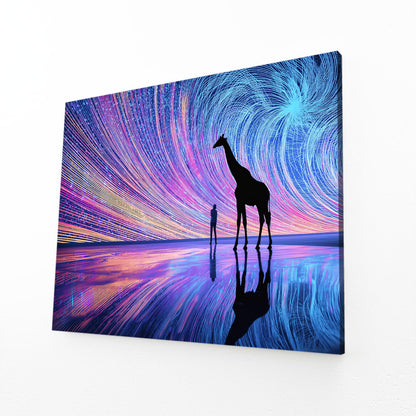 Giraffe and person silhouette on a colorful abstract background