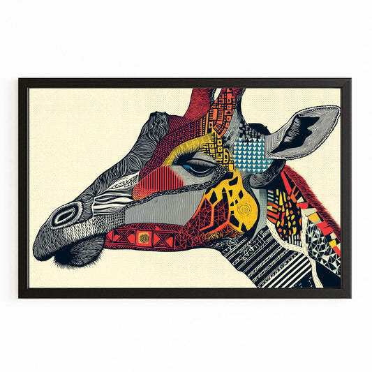 Framed artwork of a stylized giraffe head with geometric patterns on a beige background