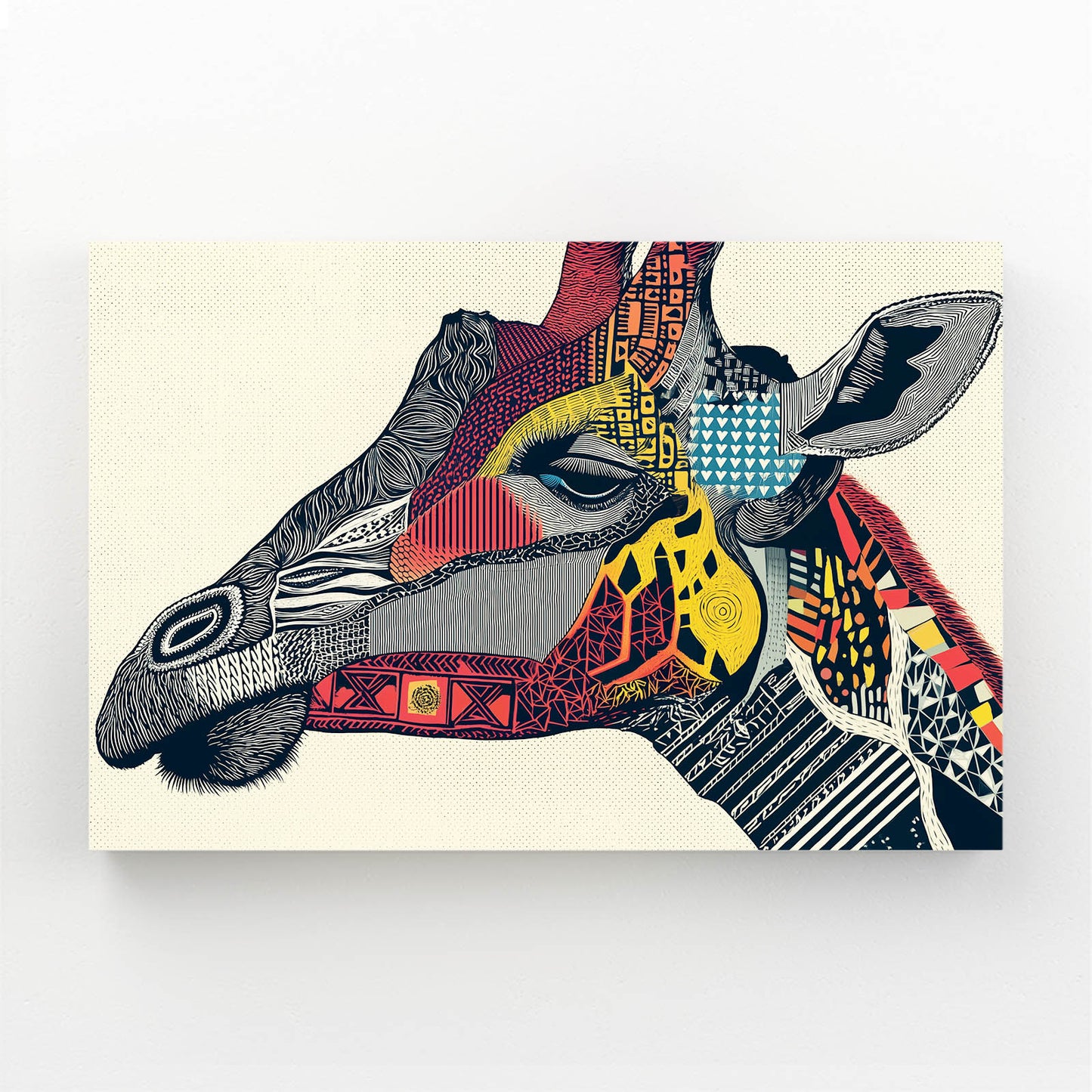 Colorful geometric patterned giraffe head on a beige background