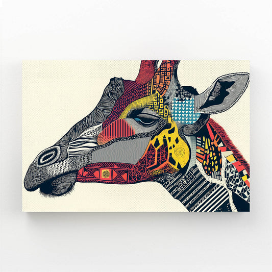 Colorful geometric patterned giraffe head on a beige background