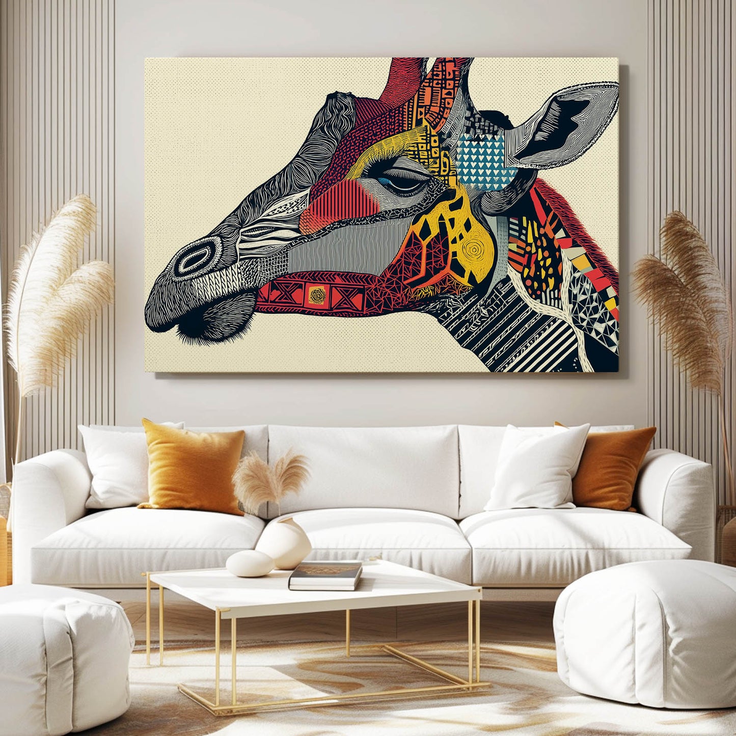 Colorful abstract giraffe painting on a wall above a white sofa with decorative pillows.
