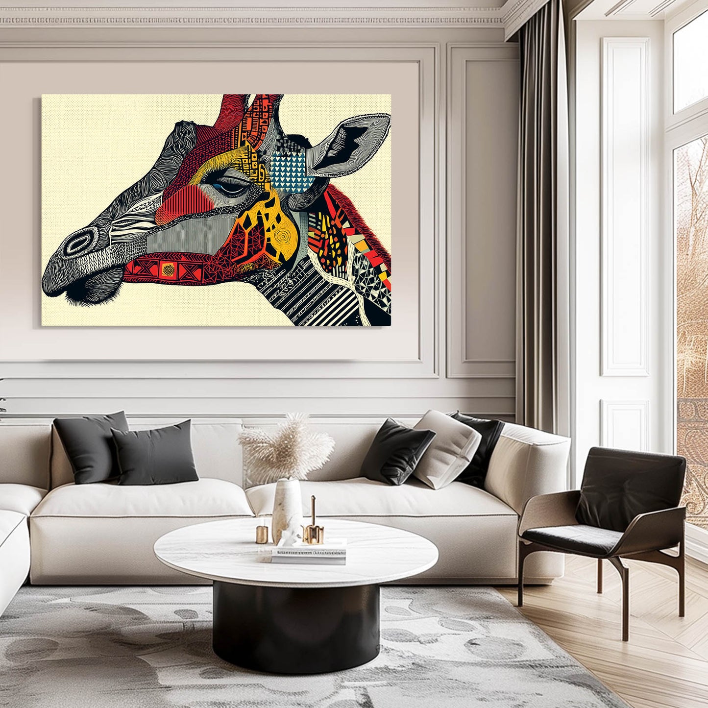 Modern living room with a colorful giraffe painting on the wall.