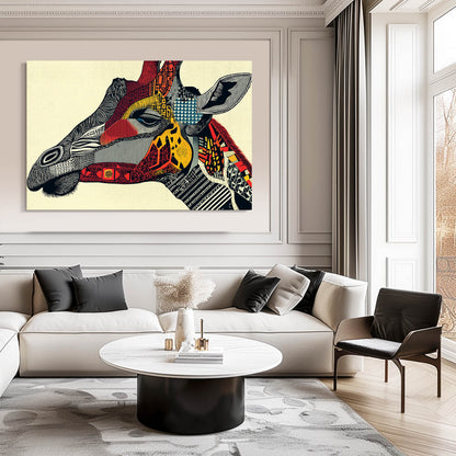 Modern living room with a colorful giraffe painting on the wall.