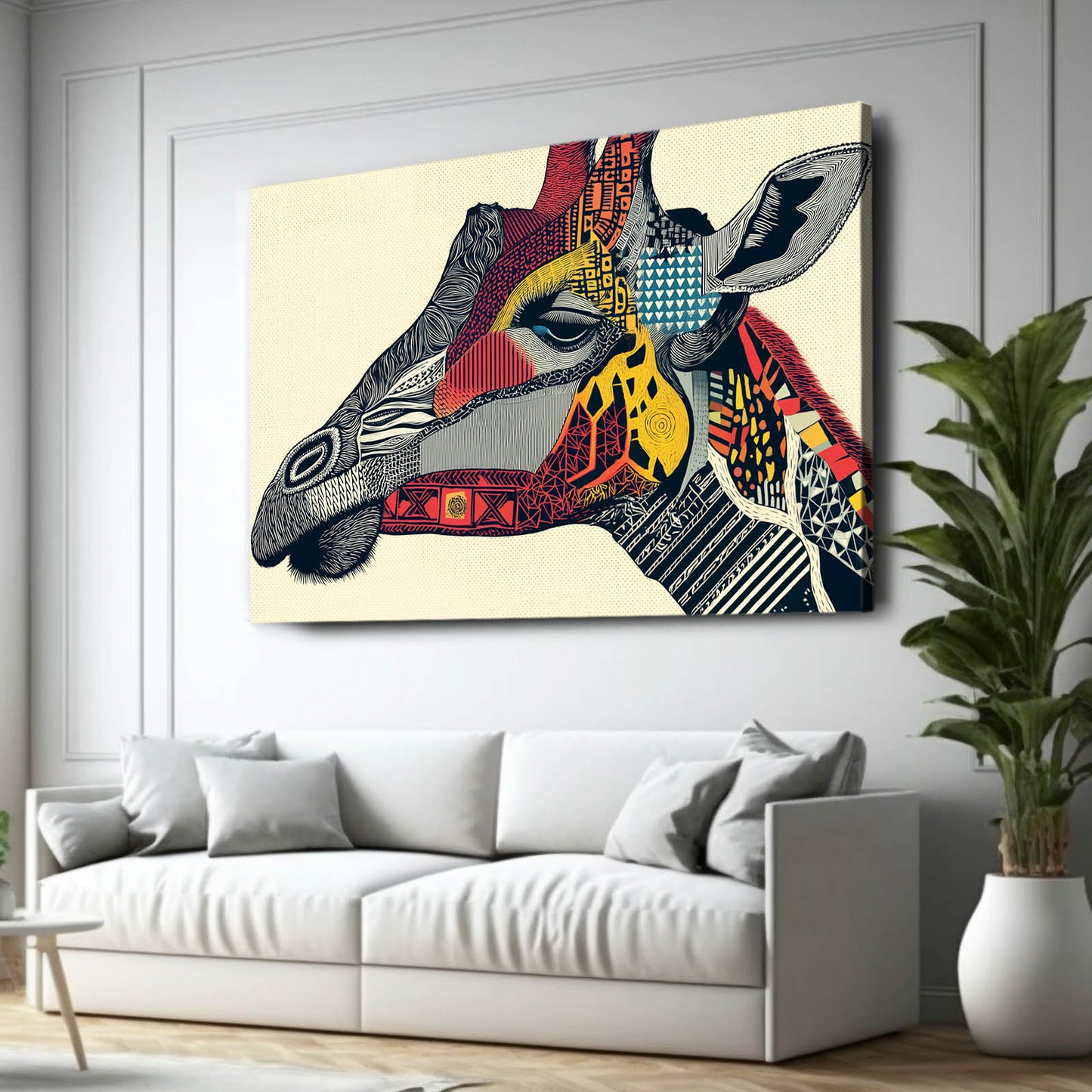 Colorful abstract giraffe painting on a wall above a white sofa.