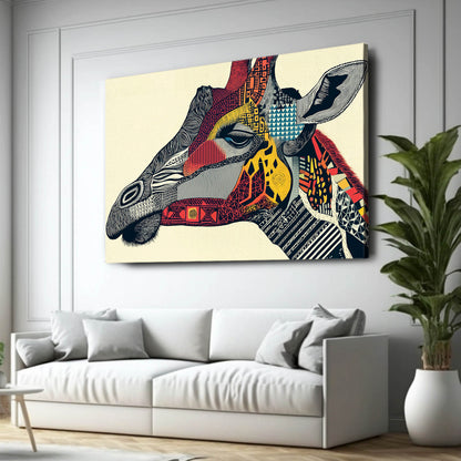 Colorful abstract giraffe painting on a wall above a white sofa.