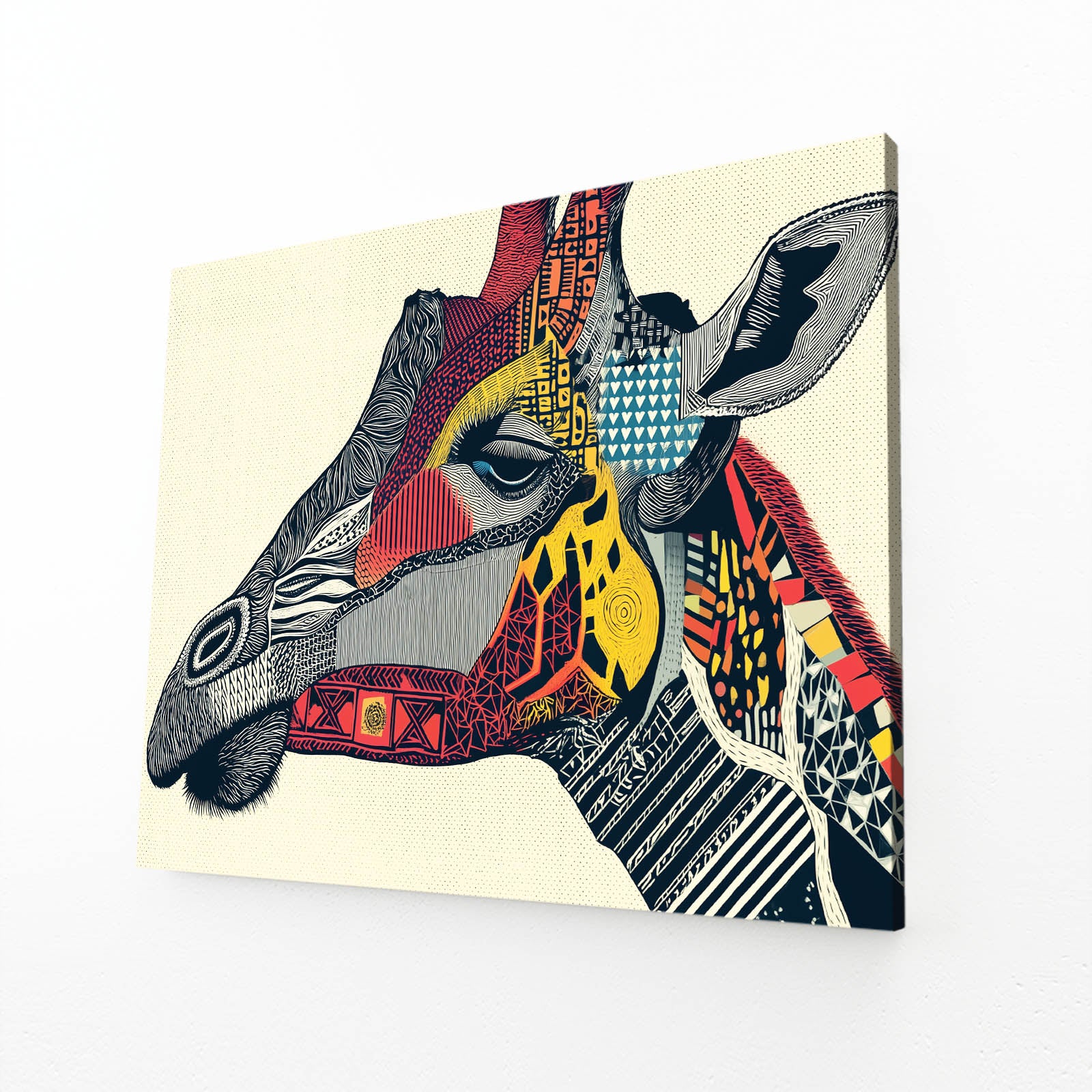 Colorful abstract art of a giraffe's head on a beige background