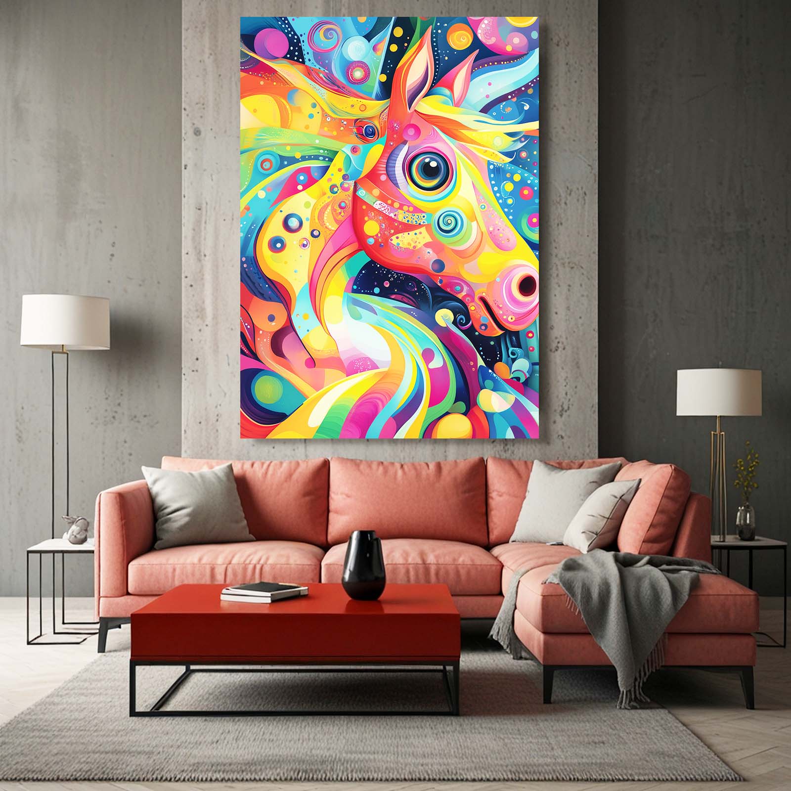 Trippy Horse Artwork – angled canvas view on white background