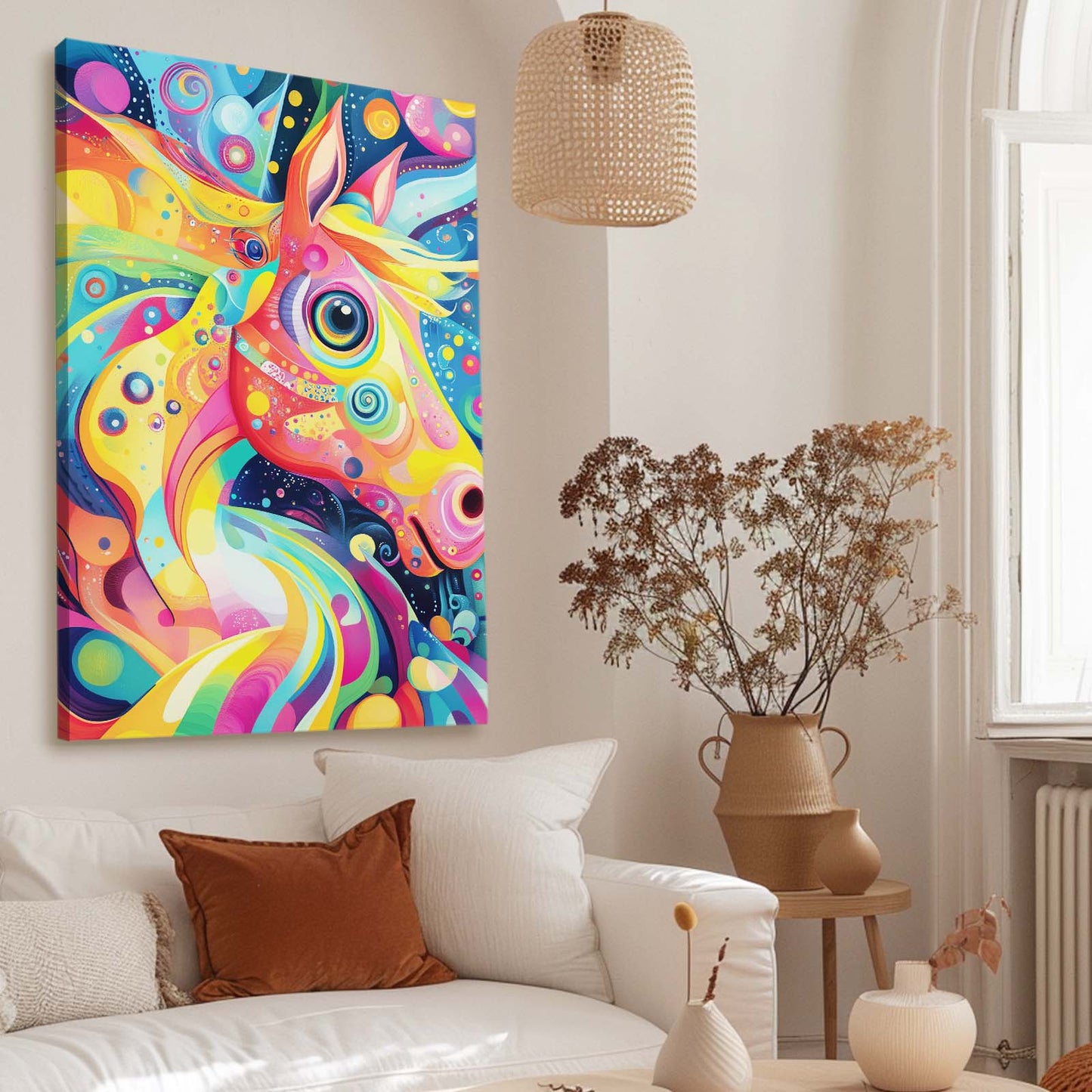 Trippy Horse Artwork – angled canvas view on white background