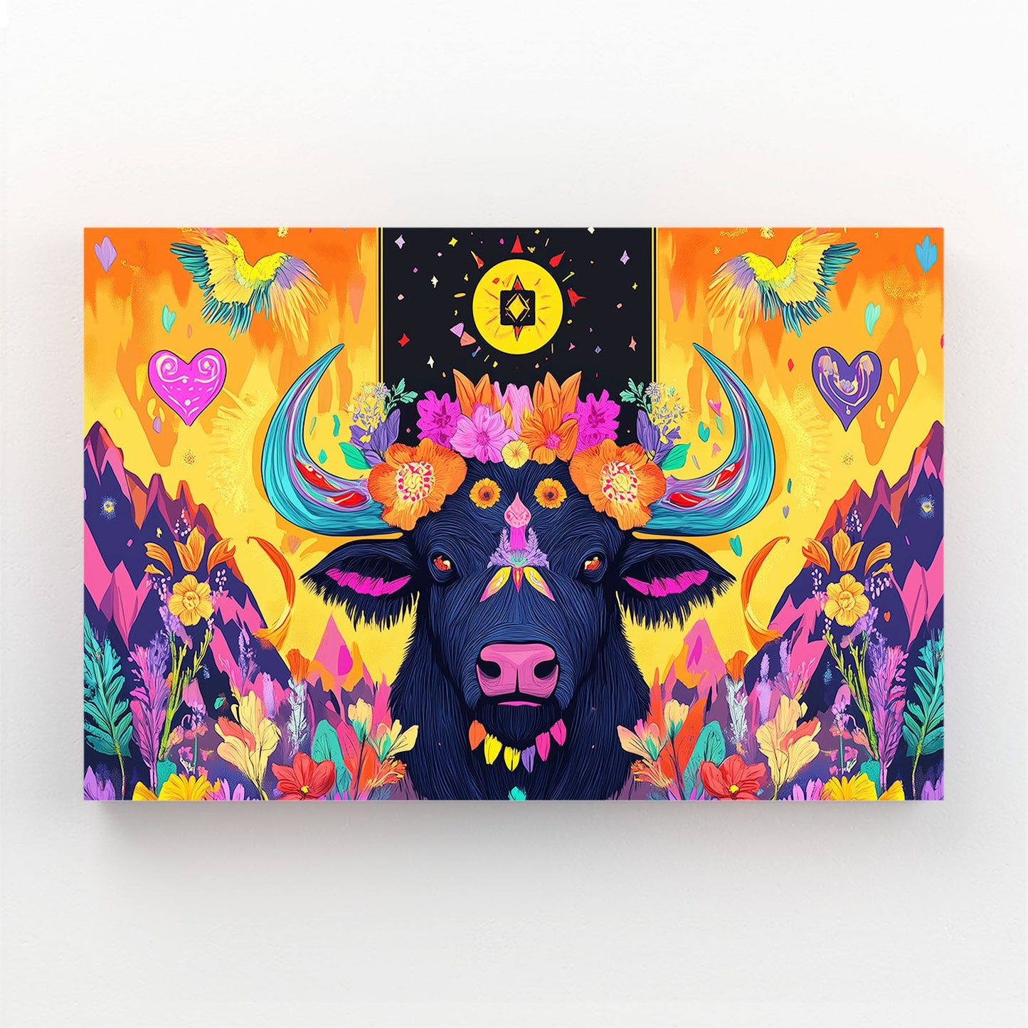 Trippy Mexican Artdecor Cow Canvas Art – angled canvas view on white background