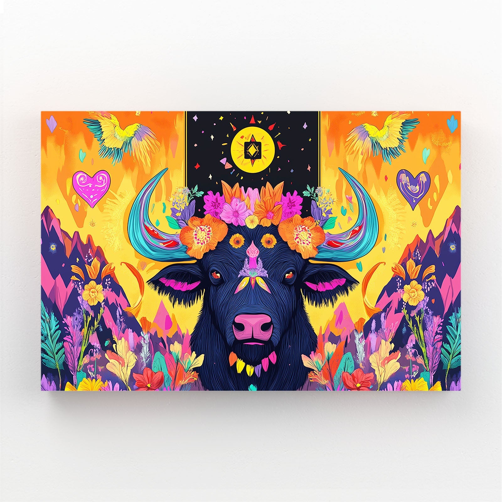 Trippy Mexican Artdecor Cow Canvas Art – angled canvas view on white background