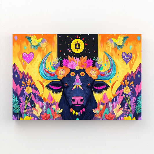 Trippy Mexican Artdecor Cow Canvas Art – angled canvas view on white background